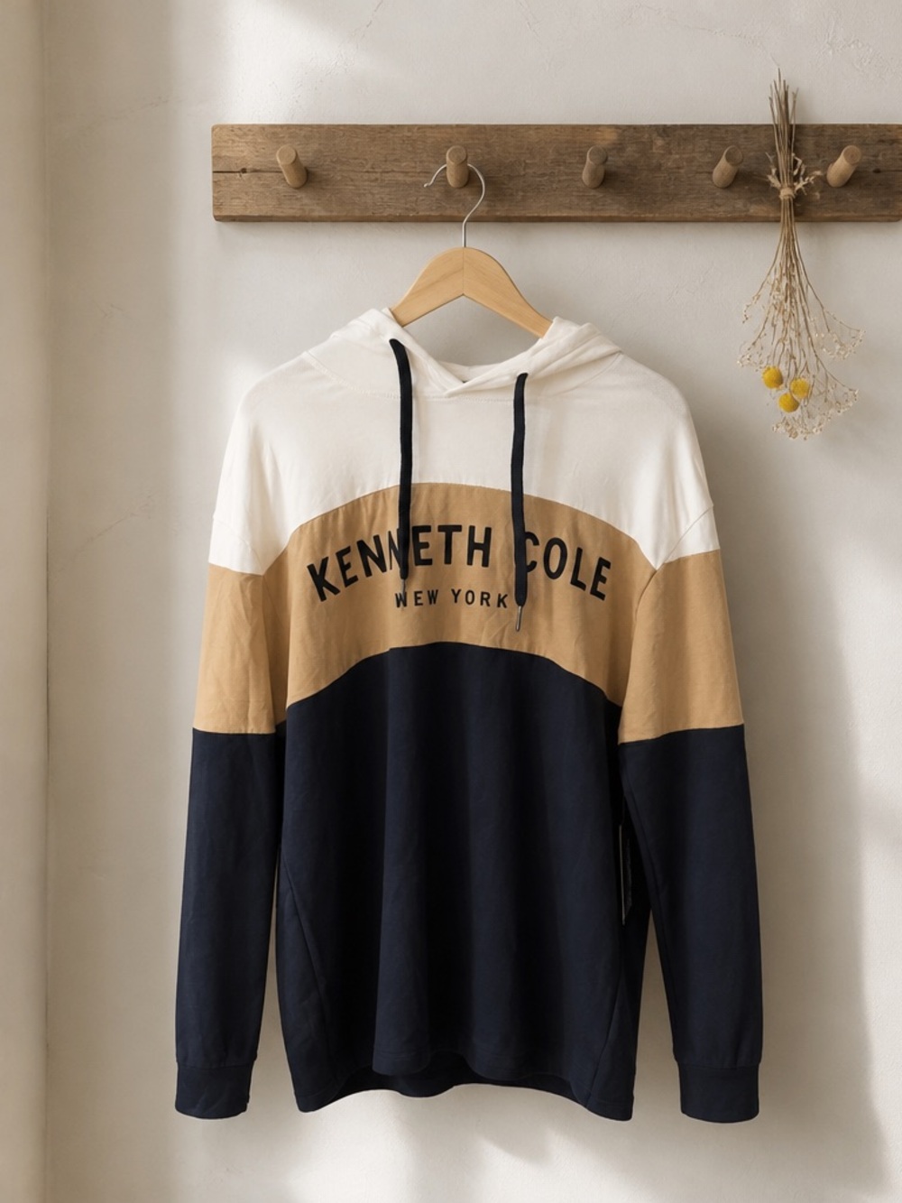 Kenneth Cole Men’s Hooded Colorblock Pullover - White, Tan, Navy